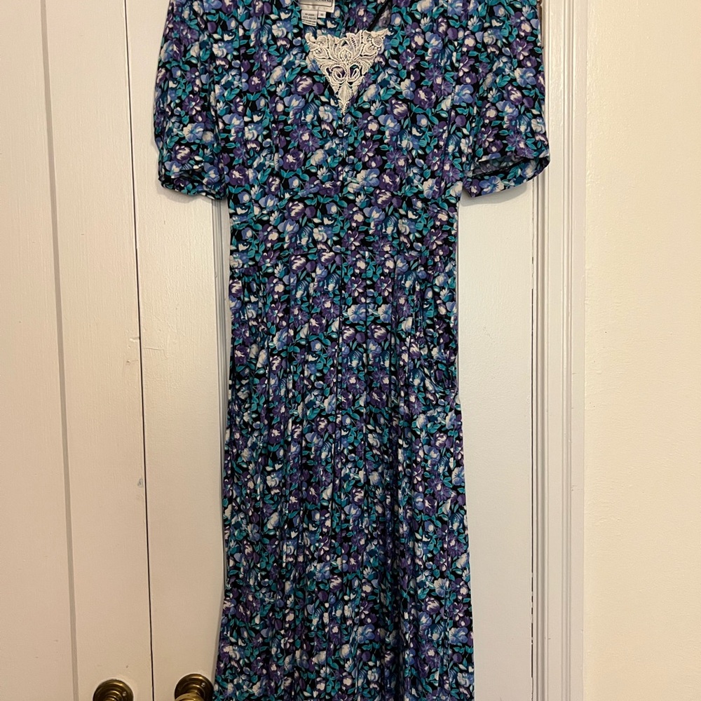 Vintage 90s Karin Stevens Blue and Purple Floral Midi Dress